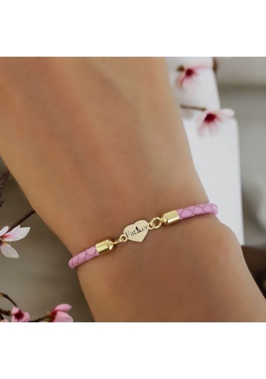 Archin Baba Temalı 14 Ayar Altın Plakalı Pembe Derili Kalp Figürlü Hediye Bileklik-473sembol Baba