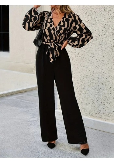 S-pazarım Kadın Uzun Kollu Kruvaze Yakalı Belden Kuşaklı Üst Dalgıç Alt Ithal Krep Tulum Siyah