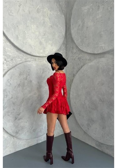 Kadın Bolero Detaylı Güpür Prenses Elbise Dpnbdf107 Kırmızı