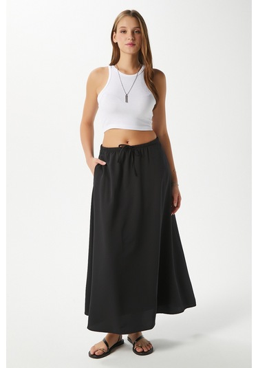 Kadın Trend Modal Serin Kumaş Siyah Bel Lastikli Cepli Rahat Kalıp Uzun Etek