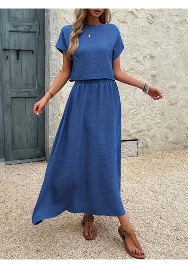 Leyla Sanat Sanata Yeni Bir Bakış Açısı Kadın Kısa Kollu Bisiklet Yaka Bluz Etekli Ithal Keten Ikili Takım Mavi