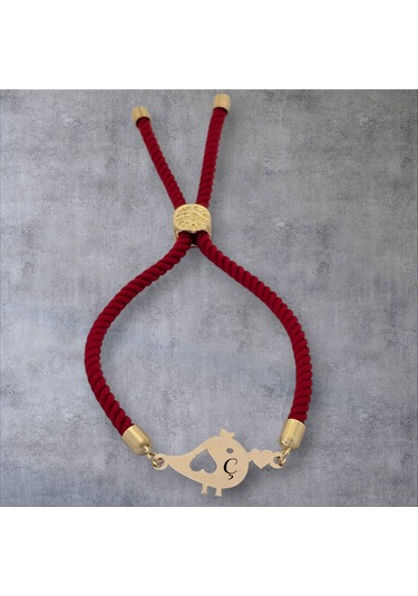Archin Ç Harfine Özel Minik Kuş Motifli Kırmızı Örgülü 14 Ayar Altın Plakalı Hediye Bileklik-363harf Ç