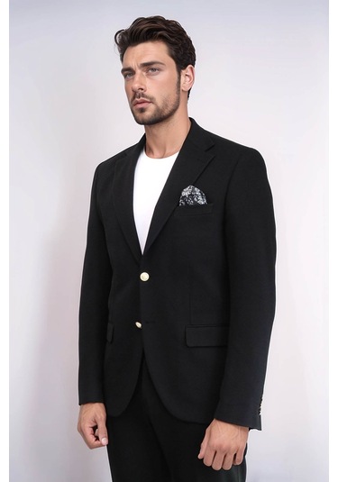 Siyah Kendinden Desenli Örme Altın Renk Metal Düğmeli Slim Fit Erkek Blazer Ceket - Wessi Black Siyah Kendinden Desenli Örme Altın Renk Metal Düğmeli Slim Fit Erkek Blazer Ceket - Wessi Black