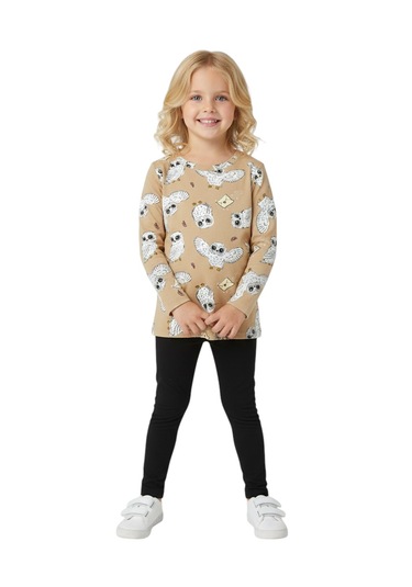 Baykuş Desenli Kız Çocuk Pijama Takım Kahverengi