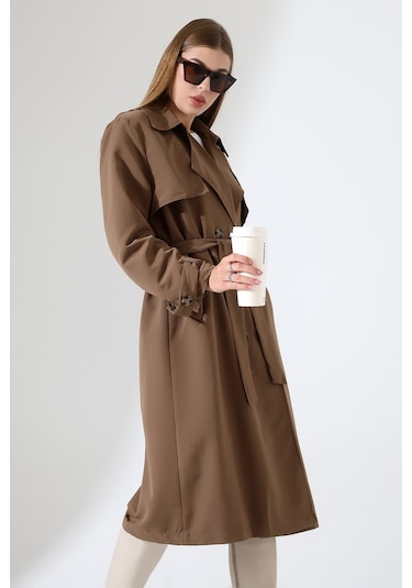 Amazon Keten Kumaş Diz Altı Yumuşak Dokulu Düğmeli Astarlı Trenç Kot Sütlü Kahve Sütlü Kahve