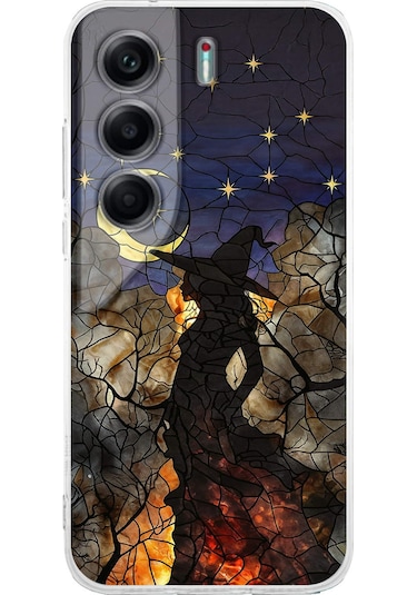 Printify Tecno Camon 40 İle Uyumlu Vitray Cadı Saati Tasarımlı Şeffaf Silikon Kılıf Şeffaf