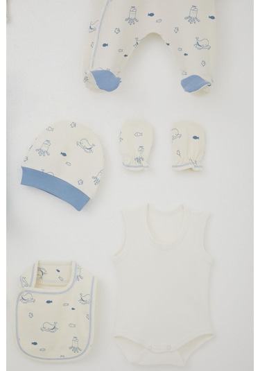 Breeze Erkek Bebek Hastane Çıkışı 8 Li Sevimli Deniz Hayvanları Desenli 0-3 Ay, Krem Krem