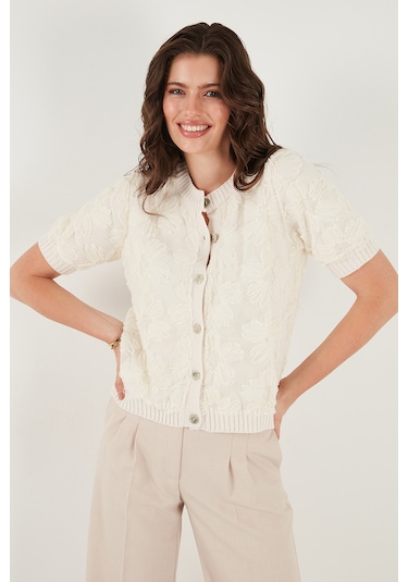 Lela Premium Regular Fit Bisiklet Yaka Tüllü Çiçekli Kısa Kollu Bayan Hırka 680Hi00386 Ekru