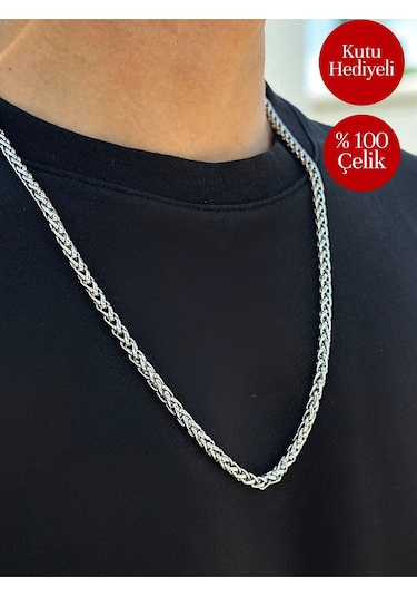 Yuvarlak Kral Model Çelik Kolye İthal Zincir 3mm Orta Kalınlıkta - Kutulu Gümüş