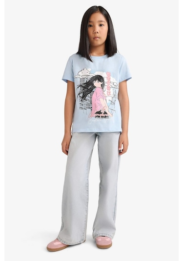 Defacto Kız Çocuk Bisiklet Yaka Anime Baskılı Kısa Kollu Tişört E0351a825smbe745 Mavi