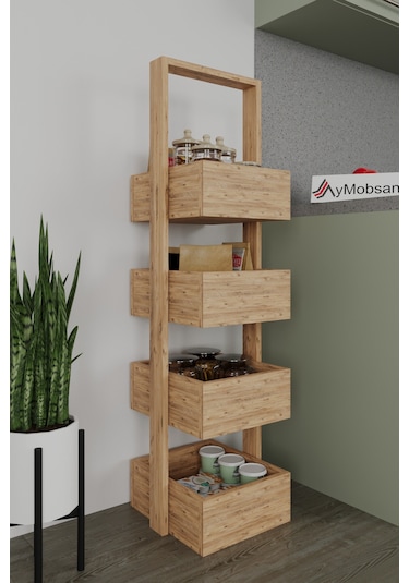 Multi 4 Katlı Mutfak Sepeti, Çok Amaçlı Mutfak Rafı, 4 Raflı, Atlantik Çam, 120 Cm Atlantik Çam