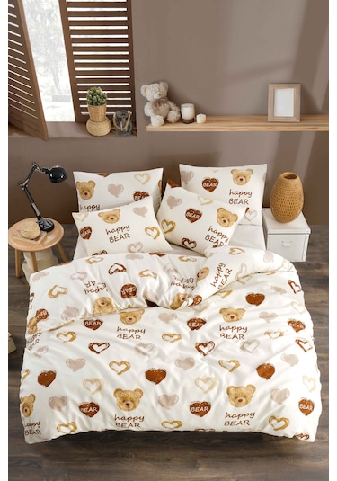 Tabu Home Ranforce Ayıcıklı Kalpli Çift Kişilik Nevresim Seti Krem