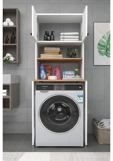 Enda Home Çamaşır Makinesi Dolabı 3 Raflı Kapaklı Banyo Dolabı Beyaz - Atlantik Çam Beyaz - Çam