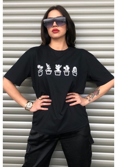 Modagen Kaktüs Baskılı Siyah Kadın Oversize T-shirt K Siyah