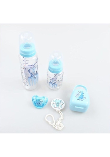 Hanymis Mavi 5li Cam Biberon Emzik Seti Hediye Set Mavi