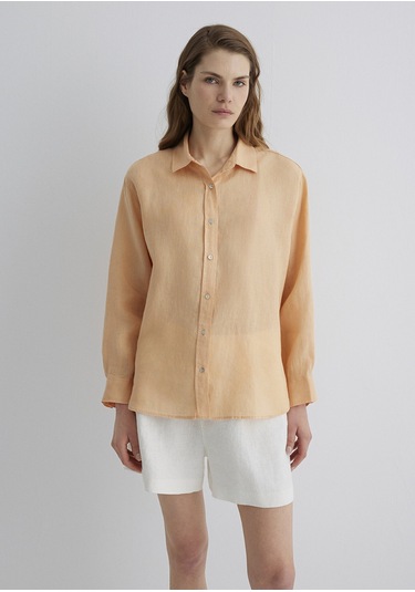 Mavi - Turuncu Keten Gömlek 1210747-71219 Turuncu