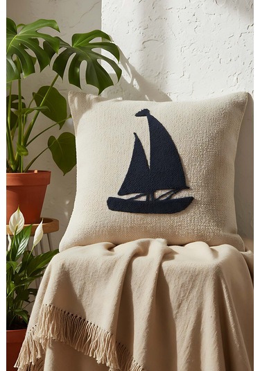 Lacivert Yelkenli Hasır Görünümlü Dokuma Punch Kırlent Kılıfı Ekru