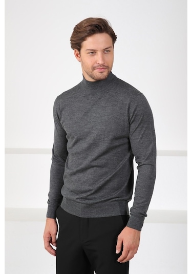 Ferraro Antrasit Yarım Balıkçı Superfine Yün Erkek Triko Kazak Antrasit