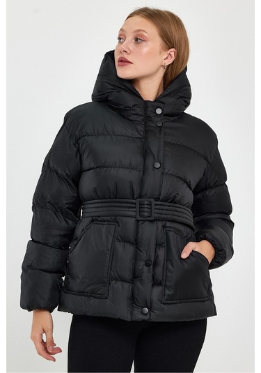 Alisse-kadın Siyah Kapüşonlu Kemerli Şişme Mont Kaban Siyah