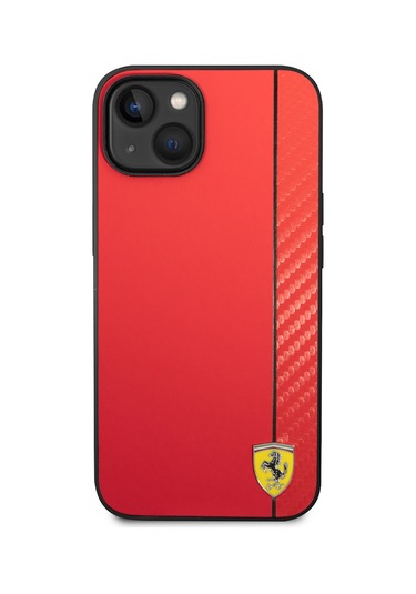 İphone Uyumlu 14 Kılıf Ferrari Lisanslı Magsafe Uyumlu Pu Deri Ve Karbon Şeritli Dizayn Kapak Kırmızı