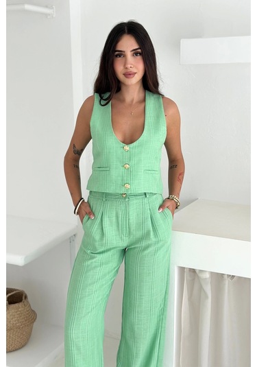 Çizgili Kumaş Yelek Takım Yeşil Yeşil