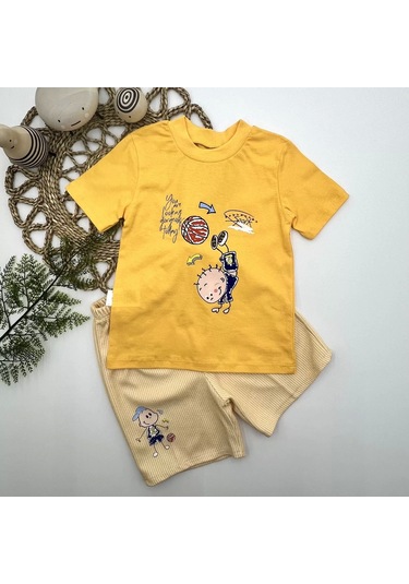 1-2-3 Yaş Topçu Erkek Çocuk Baskılı Şortlu Kısa Kollu Tişört 2li Erkek Bebek Takımı Sarı Sari
