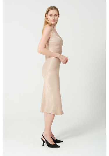 Degaje Döküm Saten Midi Elbise Multi Bej