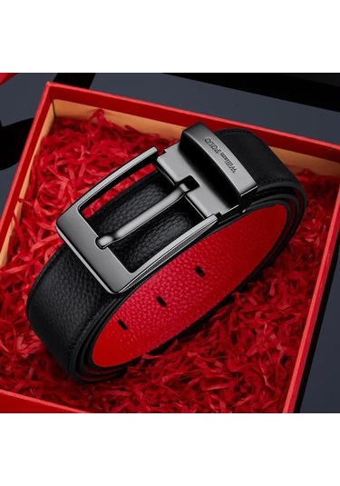 Williampolo Hakiki Deri Italy 2024 Kırmızı Detaylı Kemer Siyah