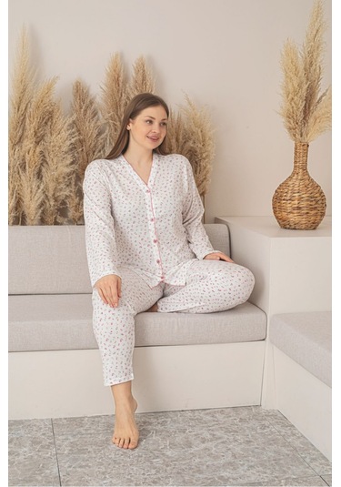 X-dreamy Büyük Beden Pamuklu Çiçekli Önden Düğmeli Pijama Takımı Ekru