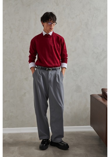 Erkek Yarım Balıkçı Oversize Basıc Triko Kazak Bordo