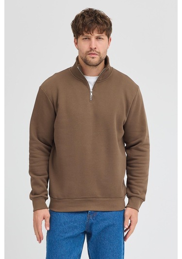Unisex Regular Fit Rahat Kesim Pamuklu Içi Polarlı Yarım Fermuarlı Kahverengi Dik Yaka Sweatshirt Kahverengi