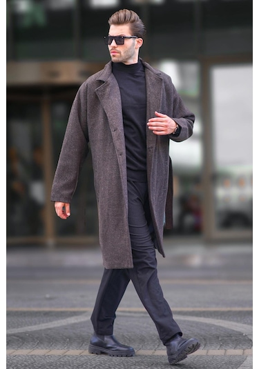 Madmext Kahverengi Kruvaze Yaka Desenli Kaşe Kaban 7250-kahverengi Kahverengi