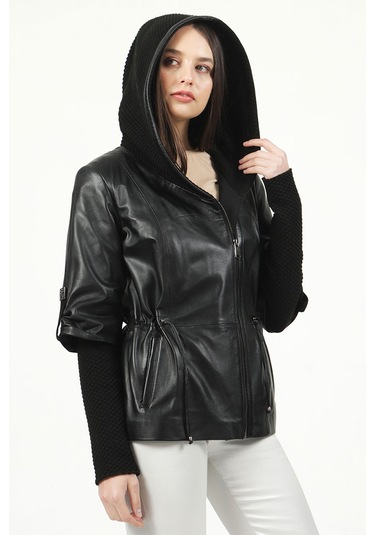 Dericlub Larissa Kadın Kapüşonlu Hakiki Deri Kaban Siyah Siyah