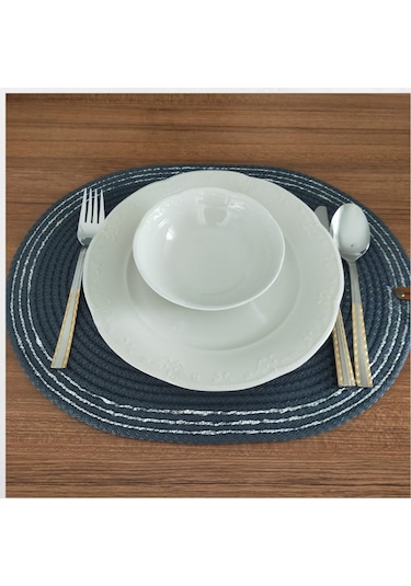 Lacivert 6 Kişilik 8 Parça Amerikan Servis, Hasır Supla Takımı, T Lacivert