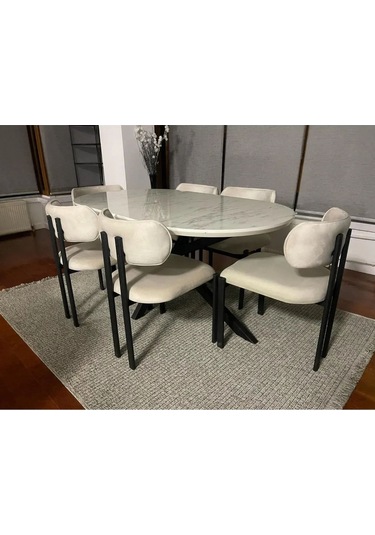 Hobi Beyaz Mermer Görünümlü Oval Masa 6 Sandalye Krem