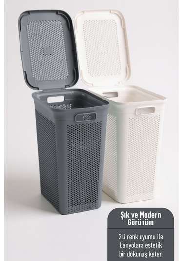 İronika Slim İki Bölmeli Kapaklı Dekoratif Kirli Çamaşır Sepeti 90 Litre Gri - Beyaz Gri