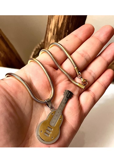 Kalın Çelik Burgu Zincir-gitar Figürlü Unisex Çelik Kolye 55cm Altın - Gümüş