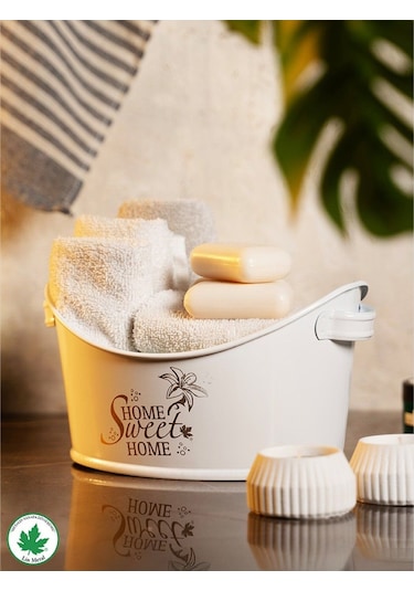 Kayık Metal Banyo Organizeri Home Sweet Home Baskılı Beyaz