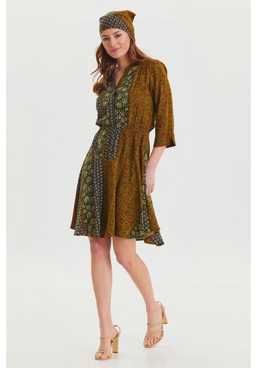 Hakim Yaka Düğme Detaylı Midi Elbise Yeşil