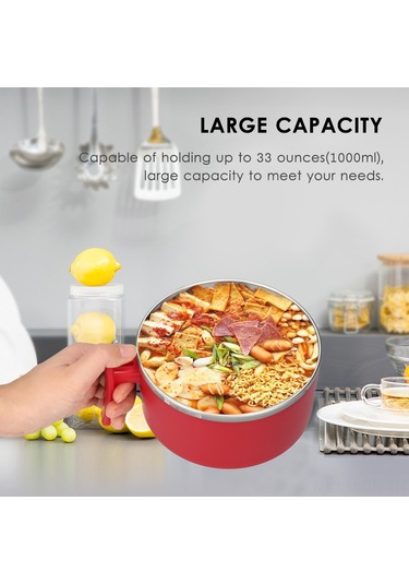 Neevoyu Kırmızı 1000ml 304 Paslanmaz Çelik İçelik Termos Muhallebi Kasesi, Isı Yalıtkan Kollü, Mikrodalga Uygun, Spor/okul/ofis İçin Pratik Mutfak Gereci Kırmızı