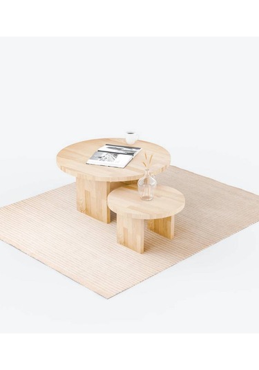 Masif Ağaç Yuvarlak Orta Sehpa Büyük Ve Küçük Set Naturel