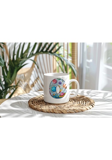 O Baş Harf Gezegen Desenli Kupa Bardak - Kişiye Özel Evren Temalı Kahve Çay Kupası - Gökyüzü Beyaz