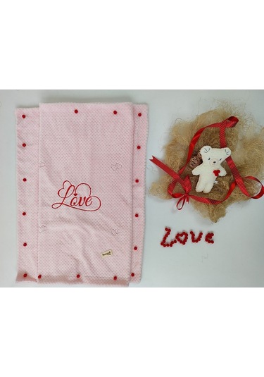 Tv Battaniyesi Love Nakışiı Kalpli Ponponlu Koltuk Şalı Battaniye Hediyelik Örtü Oyun Matı Pembe