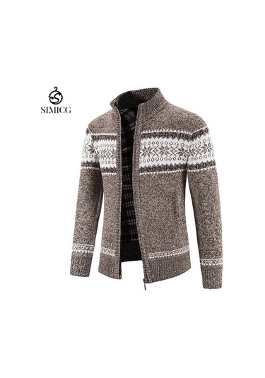 Erkek Kalın Örme Hırka Dik Yaka Fermuarlı Kazak Ceket Kahverengi