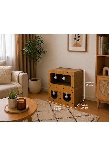 Pureza Ahşap Kedi Evi & Karton Tırmalama Alanı