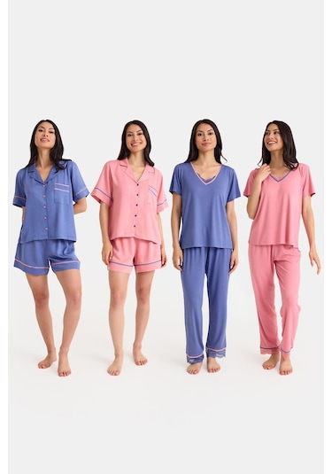 Dream Mavi/pembe Dantel Detaylı Uzun Ve Şortlu Önden Düğmeli 8 Parça Pijama Takım Set Mavi/pembe