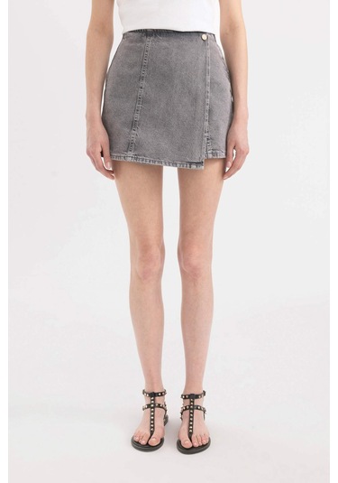 Defacto Yüksek Bel Mini Jean Şort Etek C0695AX24SMNM55 Gri