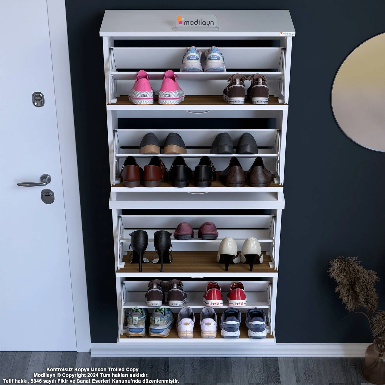 Asaf 2 Li Ceviz Renk Asma Ayakkabılık Antre Ho 4 Düşer Kapak 8 Raf Bölme Ayakkabılık 72x148x25,5 Cm Ceviz