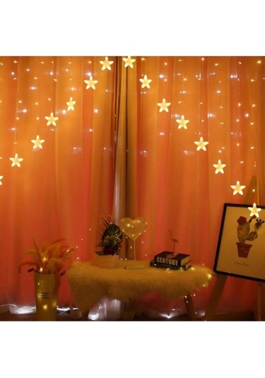 16 Yıldız Noel Işığı, Yılbaşı Perde Led Işık Yıldız Desenli Otantik Aydınlatma Fişli Günışığı Sarı