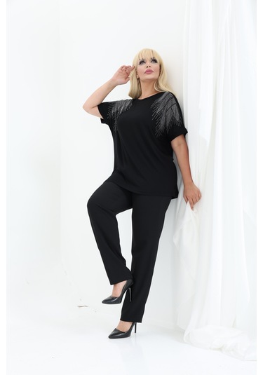 Bambu Bluz Yarasa Kol Taş Detaylı M-6xl Siyah